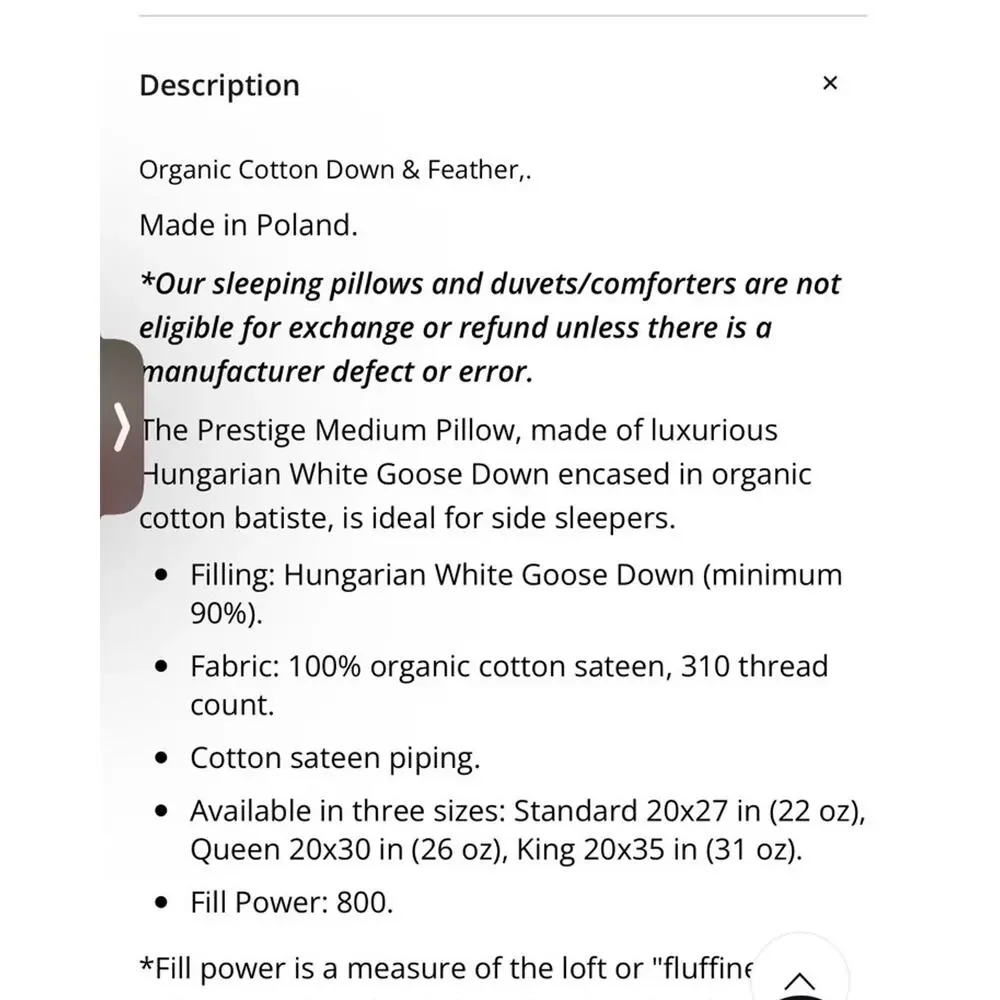 Yves Delorme Prestige Medium Pillow White Goose Down Queen $370 NEW